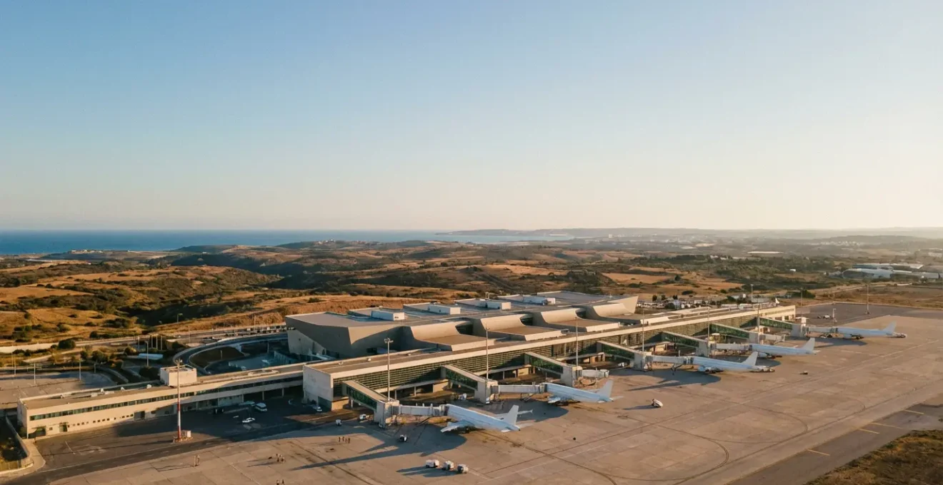 Vue aérienne de l'aéroport de Faro en haute saison avec des voyageurs sur le tarmac