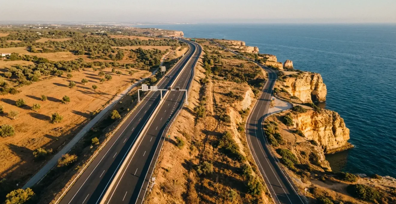 Vue panoramique montrant deux routes de l'Algarve - une autoroute moderne et une route côtière sinueuse