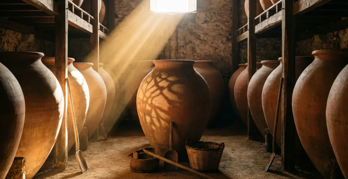 Vue intérieure d'une cave avec grandes amphores en terre cuite pour la vinification