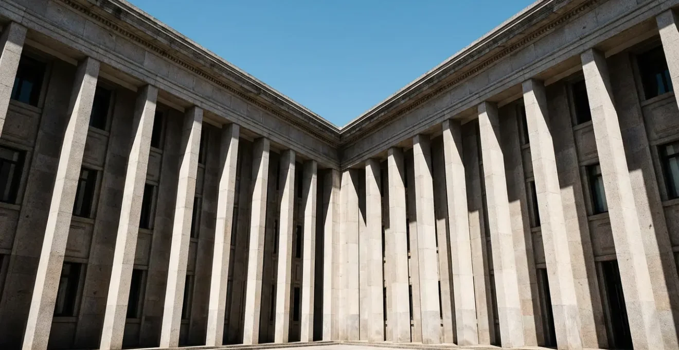 Vue imposante d'un bâtiment administratif de style Português Suave avec ses lignes austères