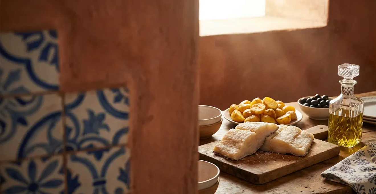 Morceaux de bacalhau séchés dorés avec pommes de terre et olives sur planche de bois rustique