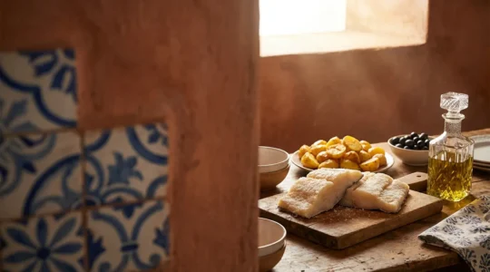 Morceaux de bacalhau séchés dorés avec pommes de terre et olives sur planche de bois rustique