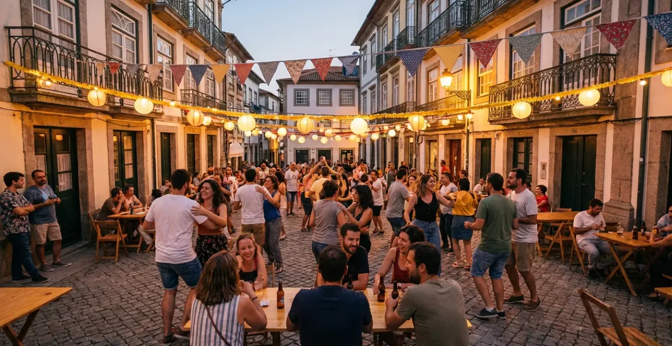 Une festa de quartier portugaise animée avec des locaux dansant et des voyageurs participant naturellement à la célébration