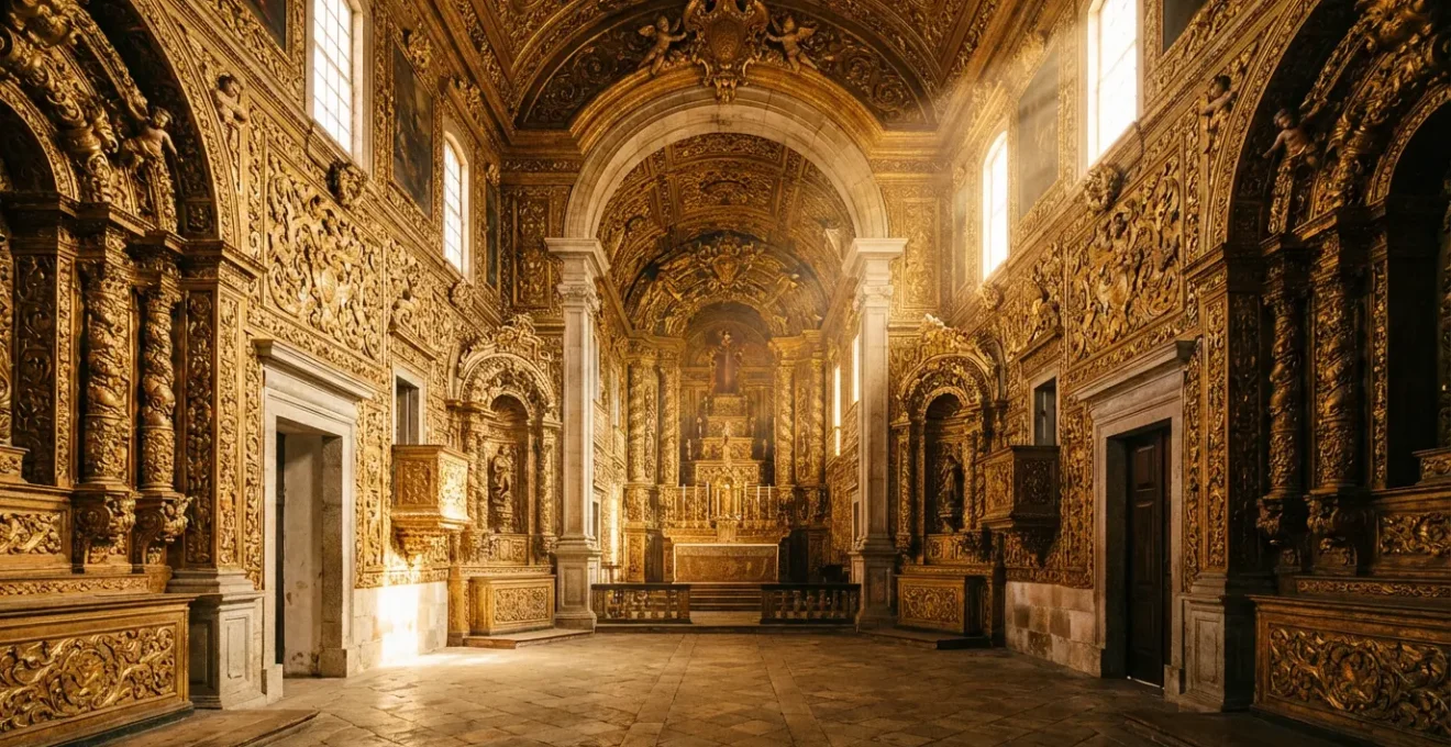 Intérieur baroque d'une église portugaise avec talha dourada dorée illuminée par la lumière naturelle
