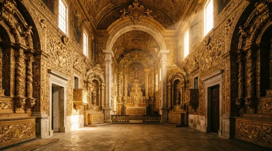 Intérieur baroque d'une église portugaise avec talha dourada dorée illuminée par la lumière naturelle