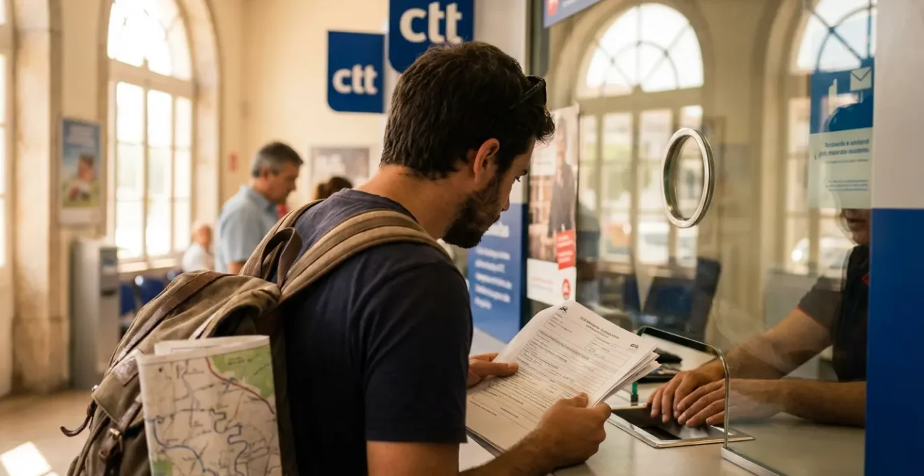 Intérieur d'un bureau de poste CTT au Portugal avec un client au guichet de service