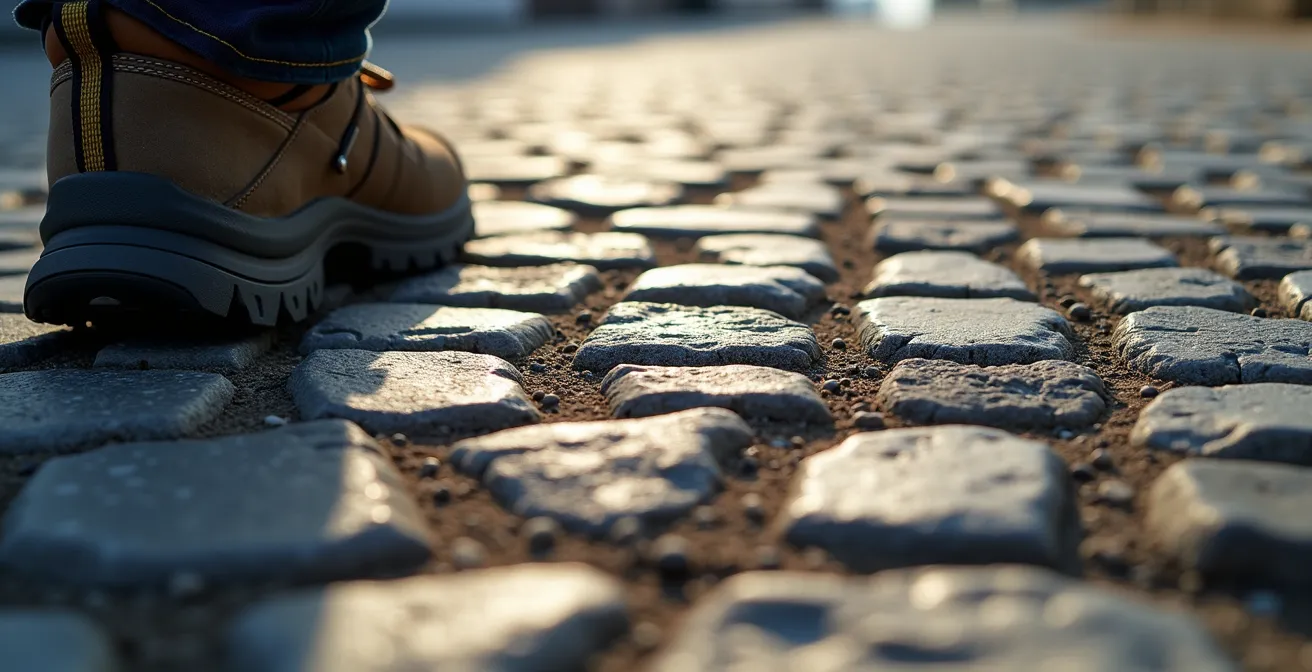 Détail macro des pavés calcaires irréguliers de la Calçada Portuguesa