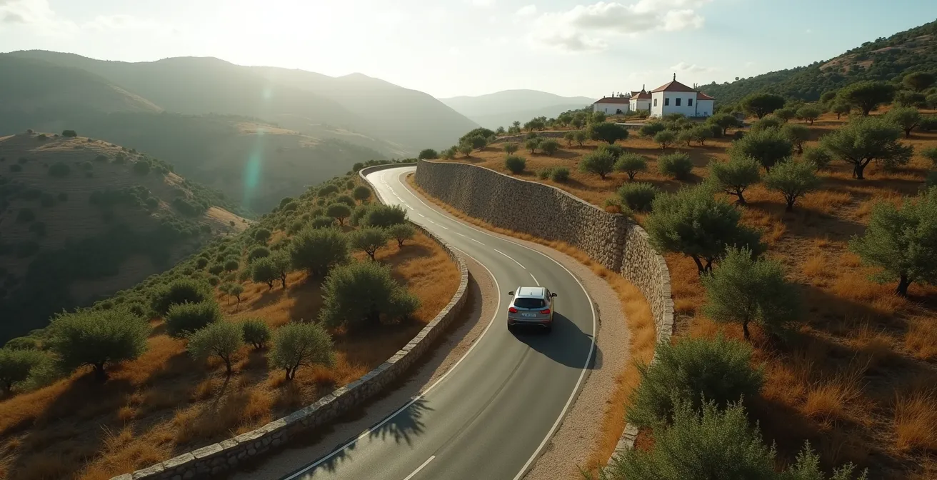 Vue aérienne d'une route sinueuse traversant les collines verdoyantes du Portugal rural
