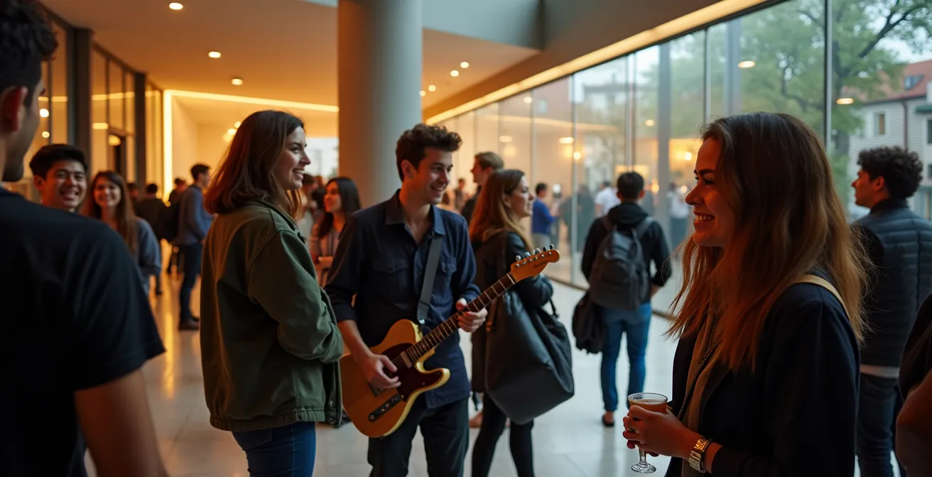 Vue intérieure du foyer de la Casa da Música avec artistes et public se mélangeant après un concert
