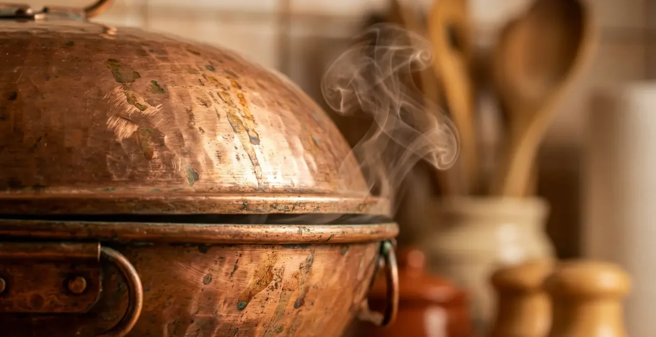 Gros plan sur une cataplana en cuivre fermée avec de la vapeur s'échappant délicatement