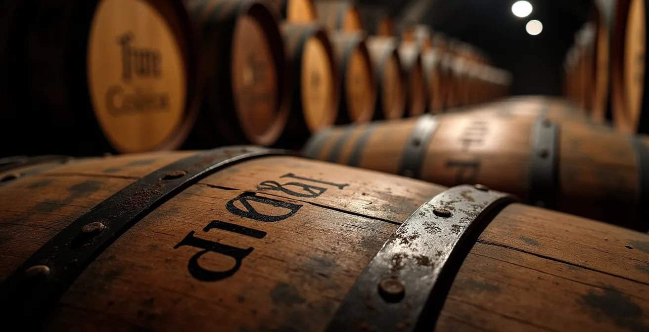 Cave à vin de Porto traditionnelle avec tonneaux en bois et ambiance intimiste