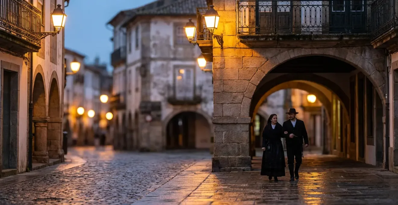 Ruelle pavée médiévale éclairée par lanternes avec arcades de granit au crépuscule