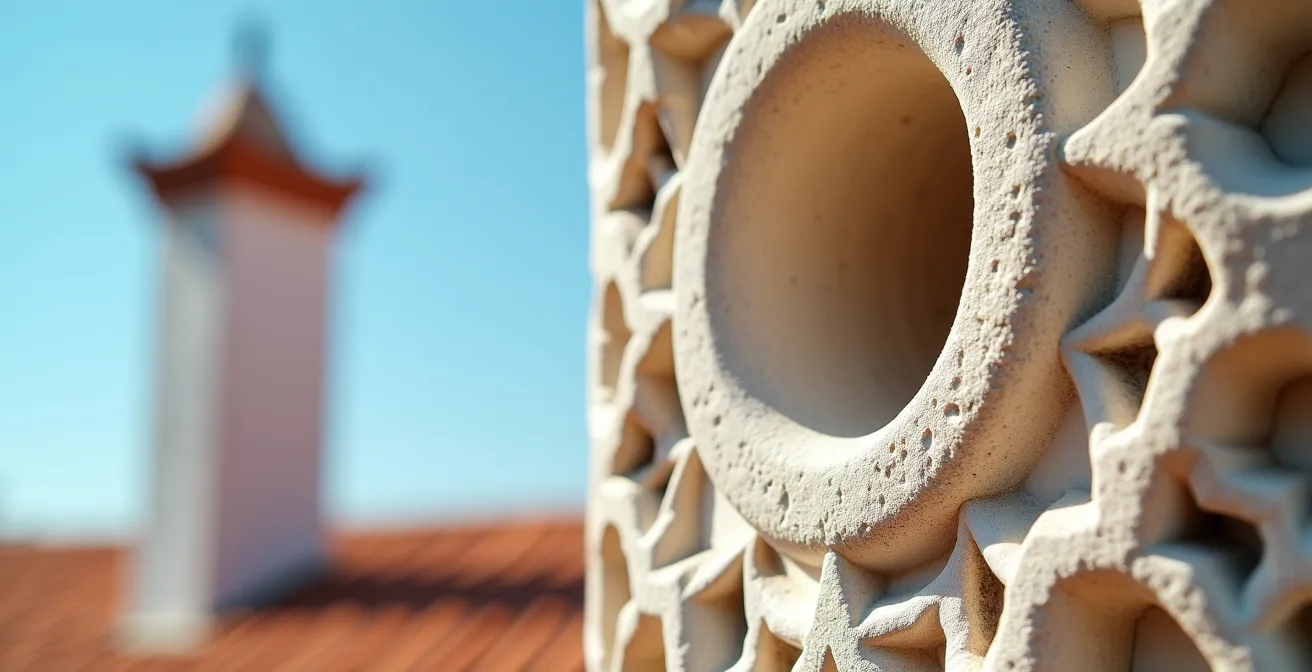 Cheminées décoratives traditionnelles de l'Algarve aux formes de minarets sur des maisons blanches