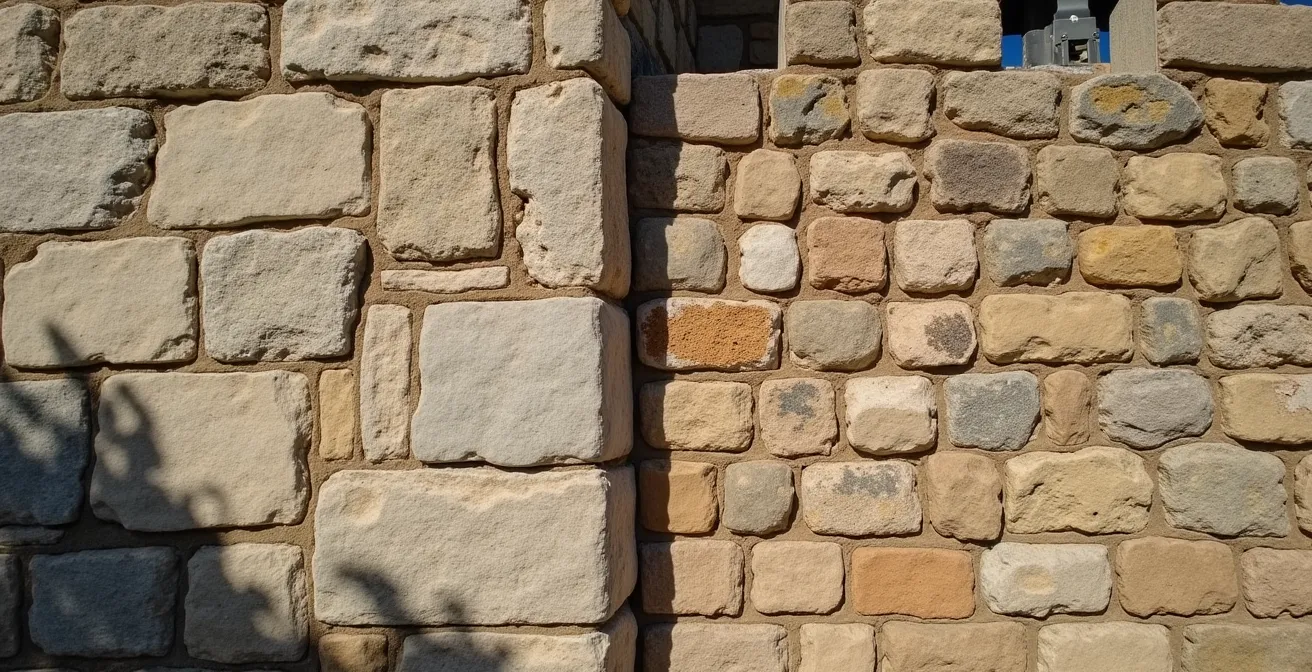 Détail architectural montrant la différence entre maçonnerie médiévale authentique et restauration du 20ème siècle