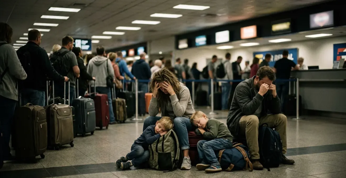 File d'attente devant les comptoirs de location de voitures avec voyageurs et bagages