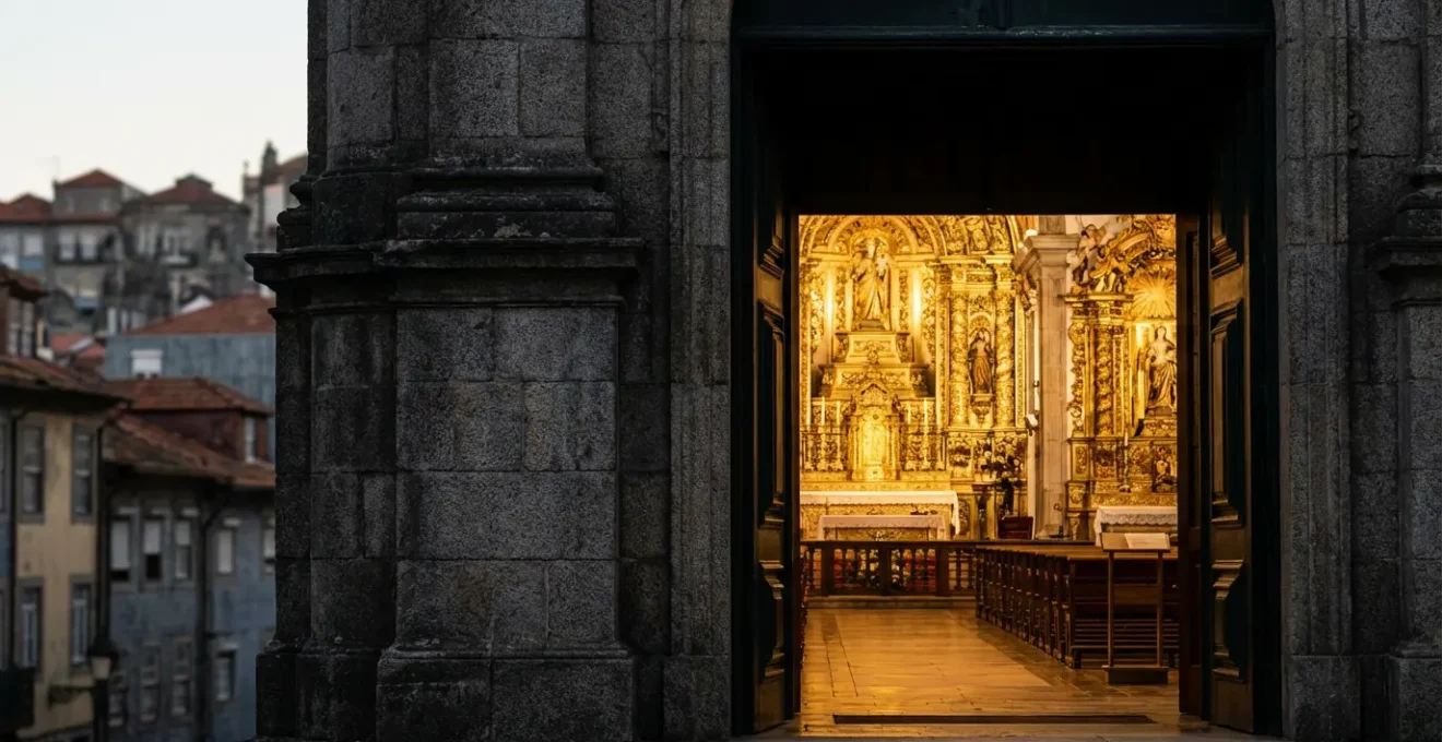 Vue comparative montrant le contraste entre façade austère en granit et intérieur doré baroque