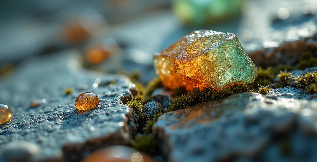 Texture macro du granit humide de Porto révélant sa richesse chromatique cachée
