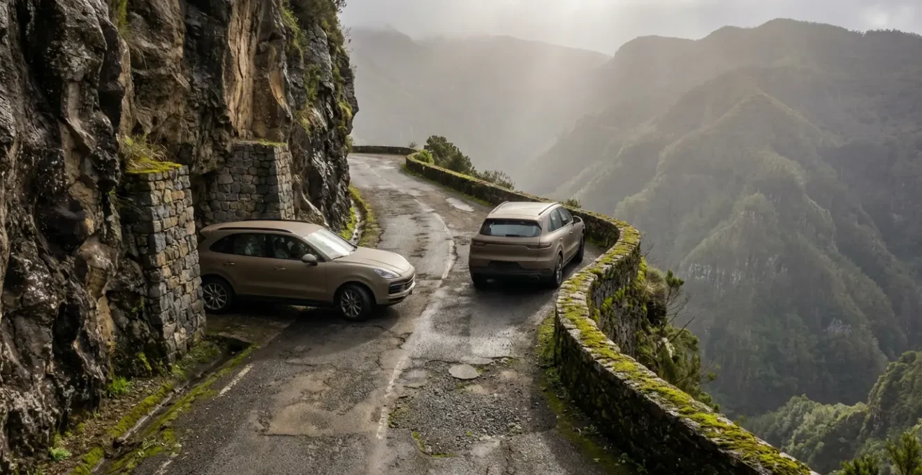 Deux véhicules se croisant sur une route étroite de montagne avec refuge d'arrêt