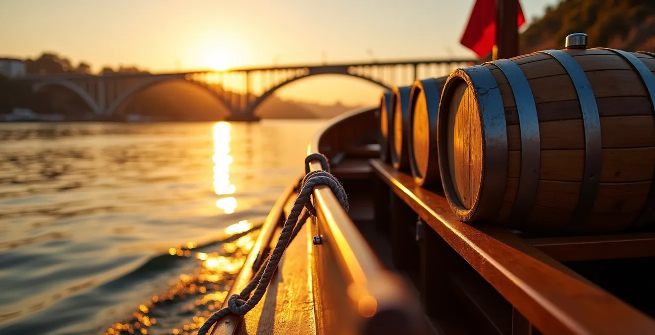 Bateau traditionnel Rabelo naviguant sur le Douro au coucher du soleil avec les ponts de Porto en arrière-plan
