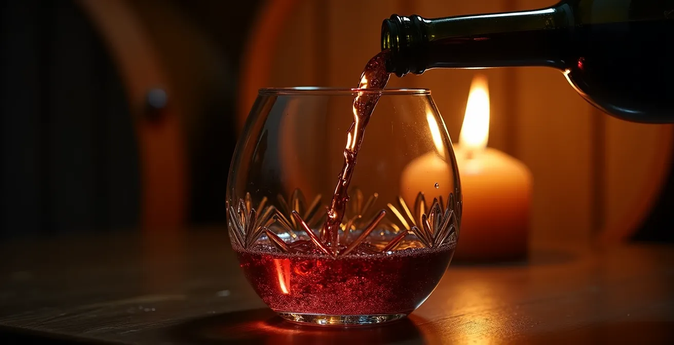 Processus de décantation d'un Porto Vintage avec une carafe en cristal éclairée par une bougie