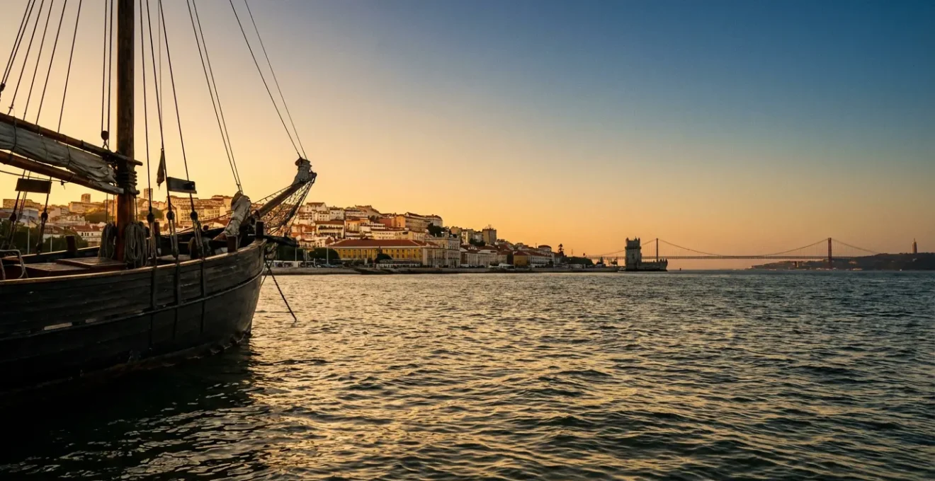 Vue panoramique de Lisbonne depuis le fleuve Tage au coucher du soleil avec les monuments historiques