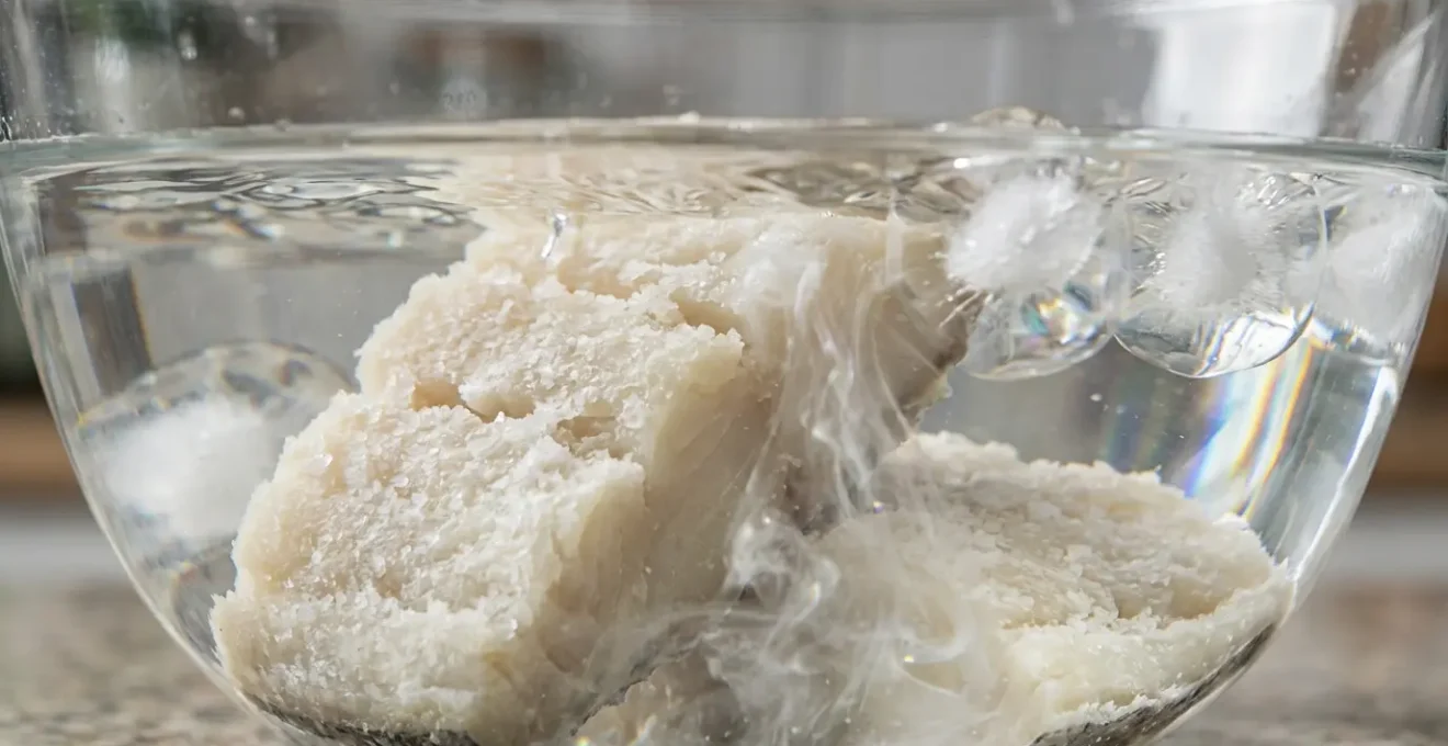 Morceaux de bacalhau immergés dans un récipient d'eau claire avec glaçons pour un dessalage optimal