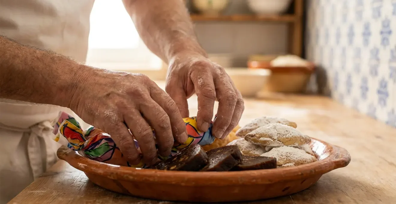 Assortiment de pâtisseries portugaises aux amandes et figues sur plateau en terre cuite