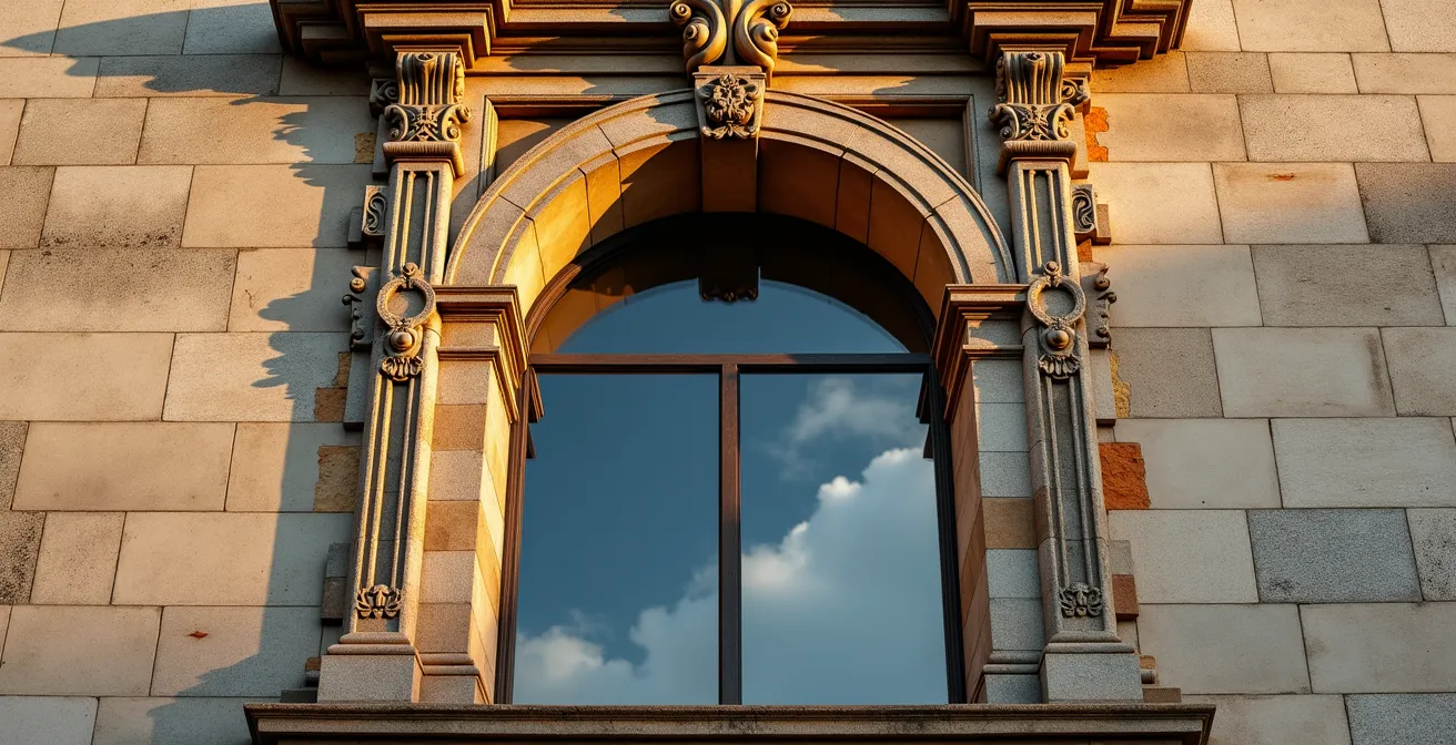 Détail d'un encadrement de fenêtre baroque en granit avec jeux d'ombre et lumière