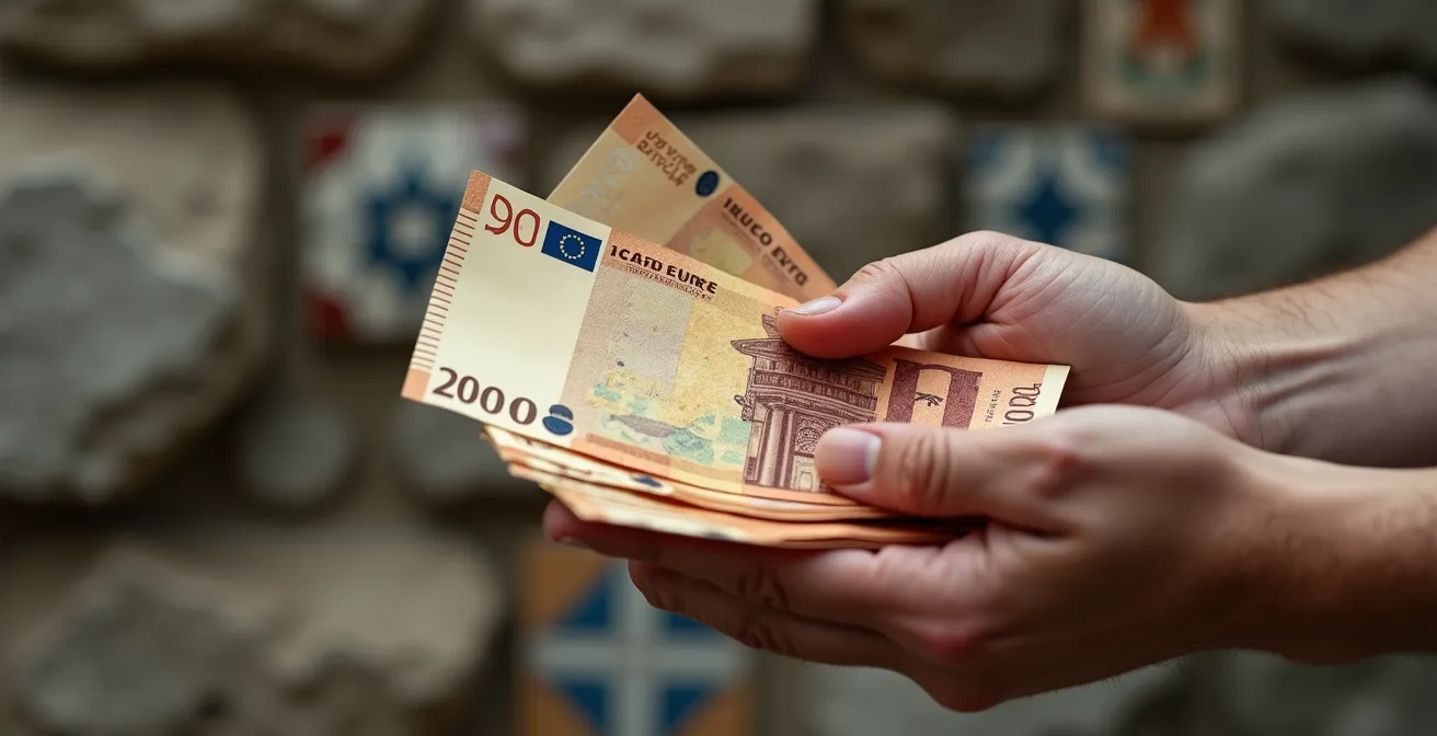 Gros plan sur des mains tenant des billets d'euros devant un mur de pierre traditionnel portugais