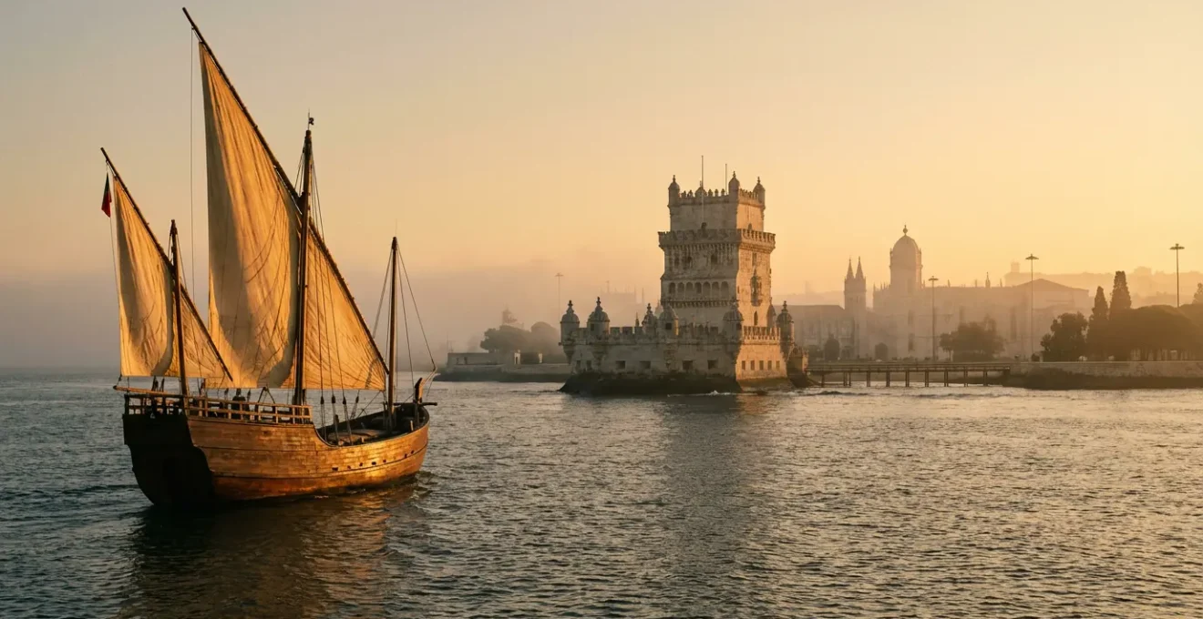 Vue atmosphérique de Belém au lever du soleil avec une caravelle historique voguant sur le Tage
