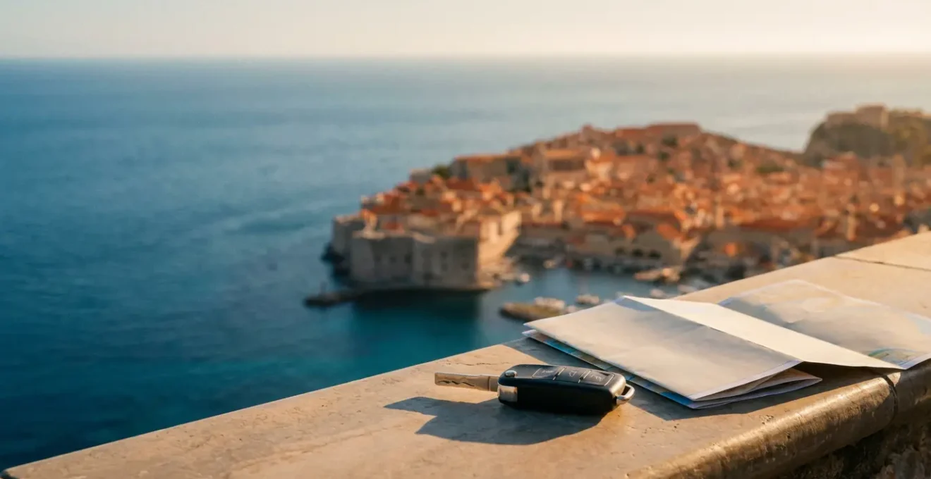 Vue panoramique d'une ville portugaise avec voitures de location et documents administratifs en arrière-plan