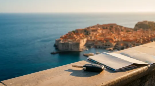 Vue panoramique d'une ville portugaise avec voitures de location et documents administratifs en arrière-plan