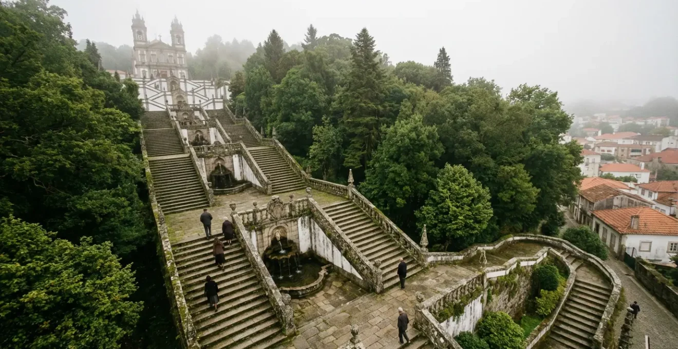 Vue plongeante sur les escaliers baroques en zigzag d'un sanctuaire portugais avec pèlerins en montée