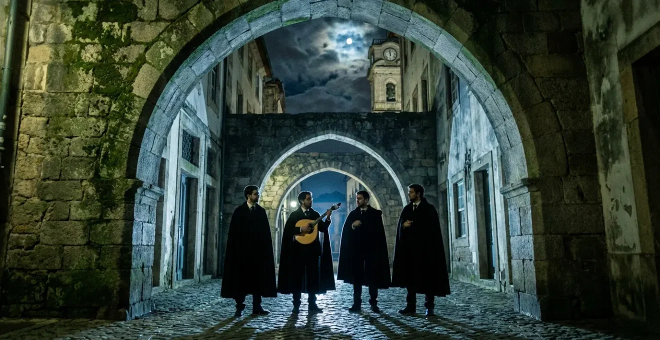 Étudiants en cape noire traditionnelle chantant une sérénade dans les rues de Coimbra la nuit