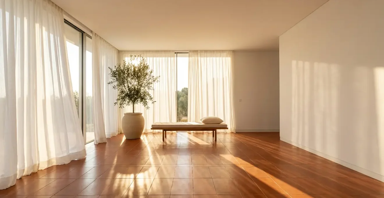 Salon baigné de lumière naturelle avec grandes baies vitrées orientées plein sud