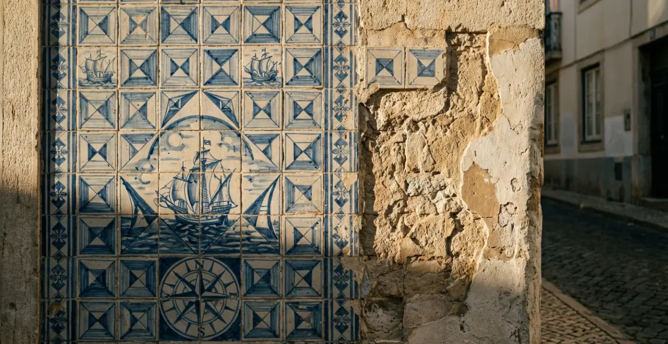 Façade portugaise ornée d'azulejos bleus et blancs traditionnels avec jeu de lumière et d'ombres