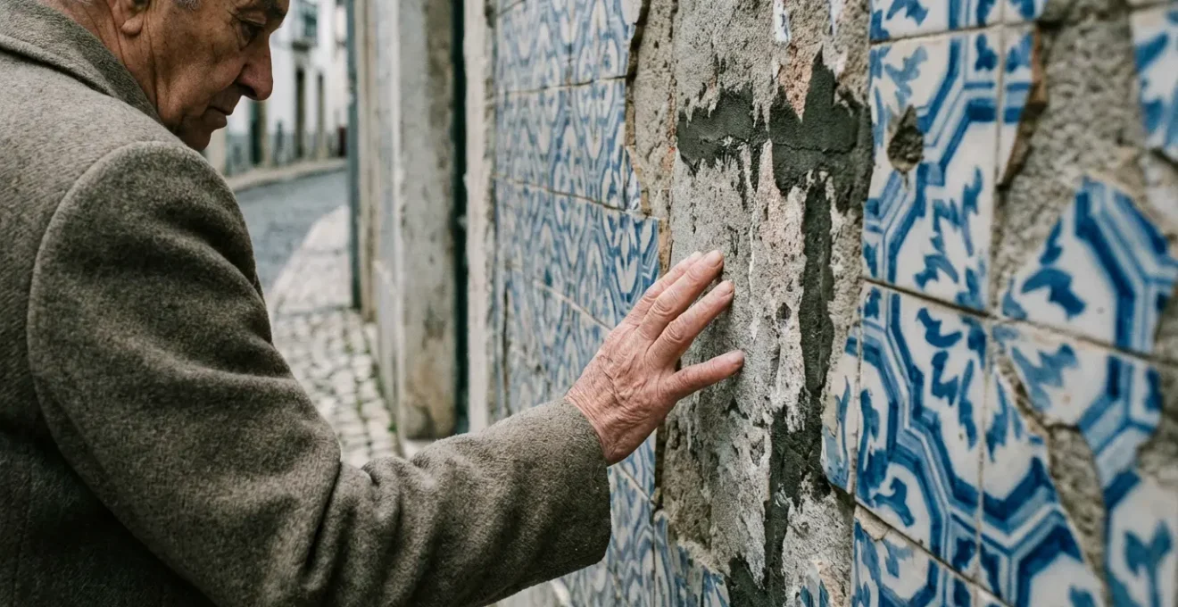 Façade portugaise avec des trous béants laissés par des azulejos volés