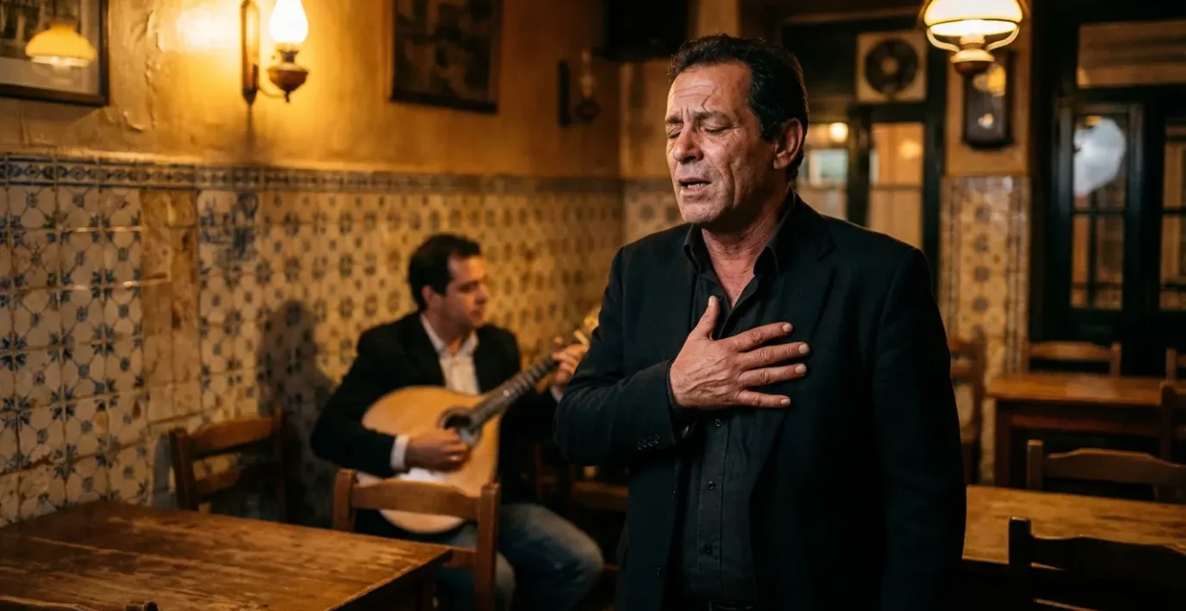 Un fadiste émotionnel chantant dans une taverne traditionnelle à Lisbonne avec guitare portugaise