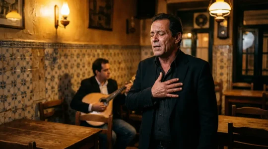 Un fadiste émotionnel chantant dans une taverne traditionnelle à Lisbonne avec guitare portugaise