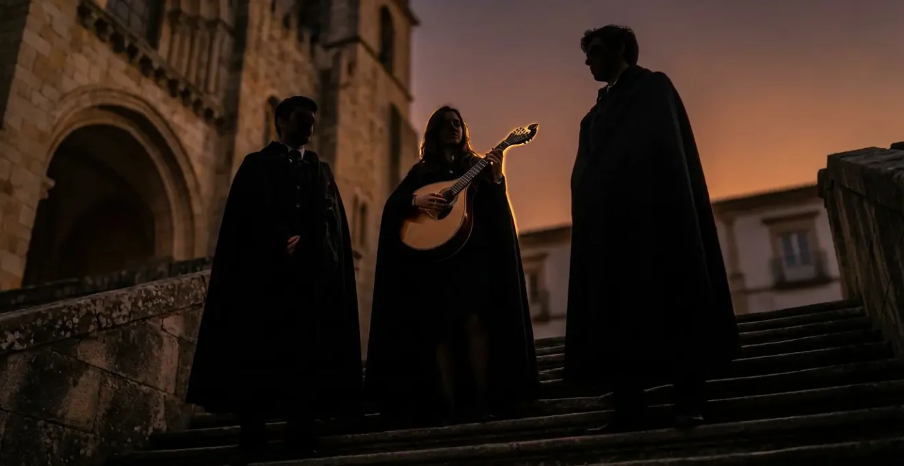 Étudiants fadistes en cape noire académique jouant de la guitare portugaise sur les marches de la Sé Velha de Coimbra au crépuscule