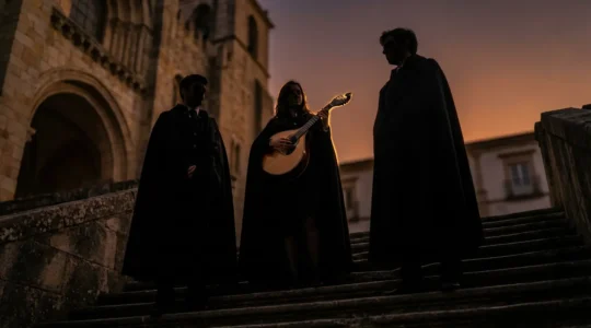 Étudiants fadistes en cape noire académique jouant de la guitare portugaise sur les marches de la Sé Velha de Coimbra au crépuscule