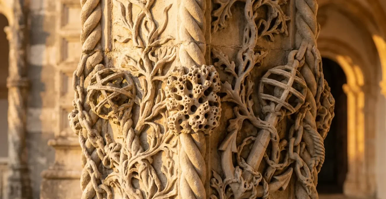 Détail sculpté de la fenêtre manuéline du Couvent du Christ à Tomar montrant des motifs marins et végétaux
