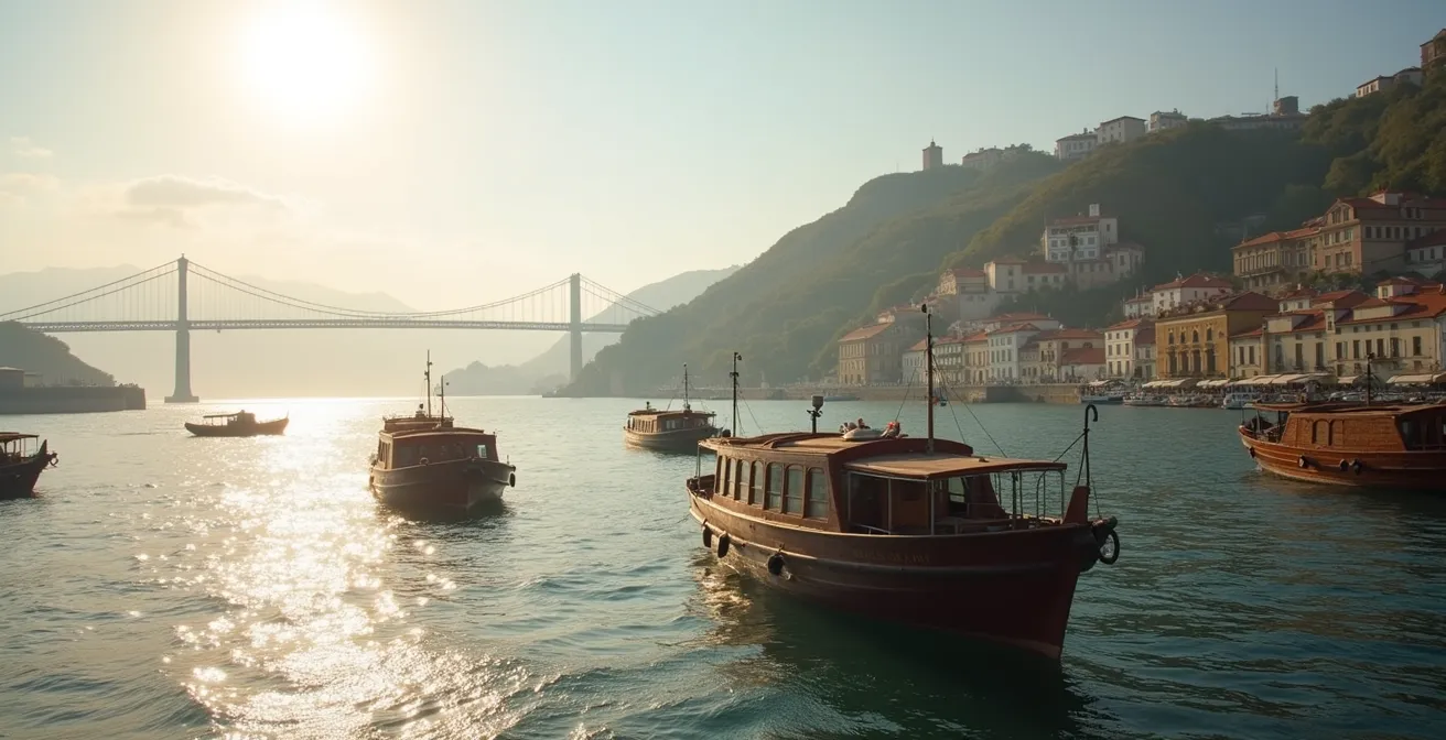 Vue depuis le pont d'un ferry traversant le Douro avec les caves de Gaia en arrière-plan