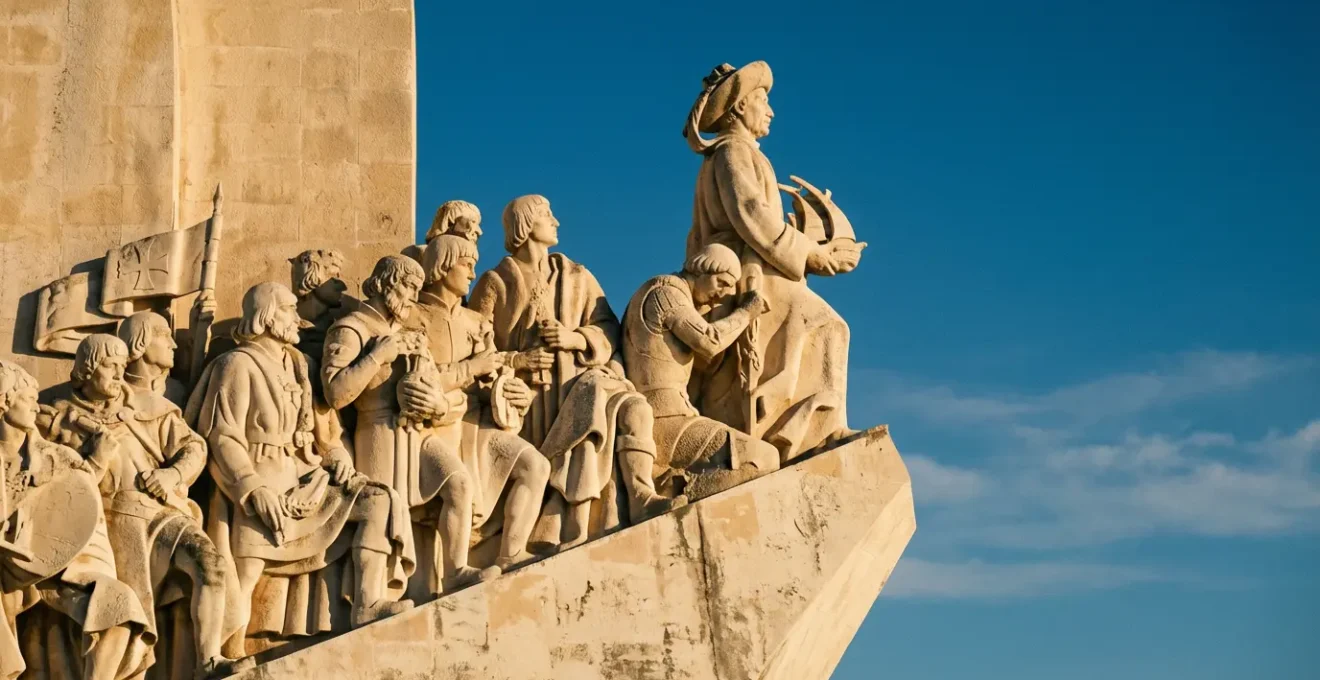 Vue rapprochée des personnages sculptés du Monument aux Découvertes avec jeux de lumière dramatiques