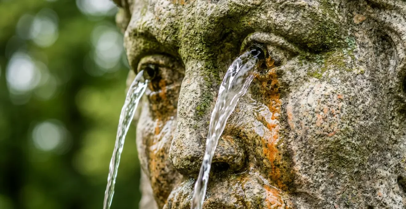 Détail macro d'une fontaine baroque avec l'eau s'écoulant d'une sculpture représentant un sens