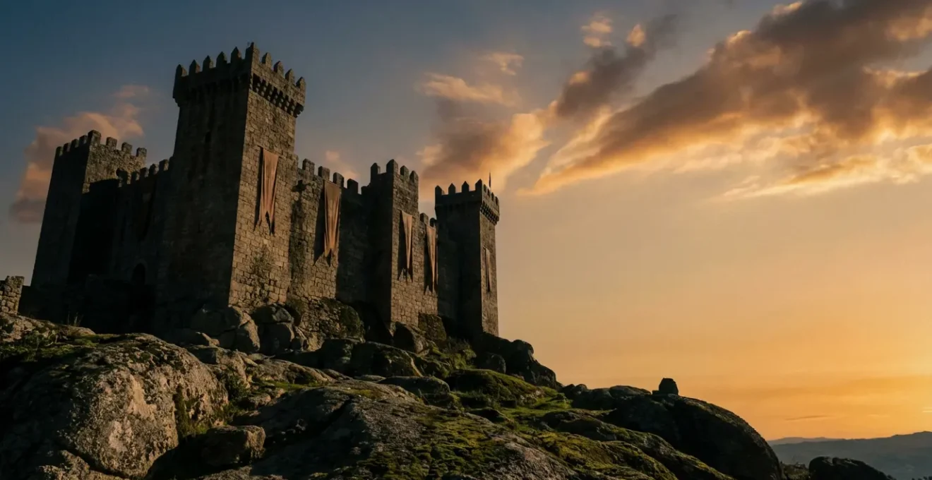 Vue majestueuse du château médiéval de Guimarães au coucher du soleil avec ses tours crénelées et ses murs de granit