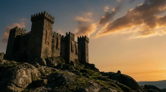 Vue majestueuse du château médiéval de Guimarães au coucher du soleil avec ses tours crénelées et ses murs de granit