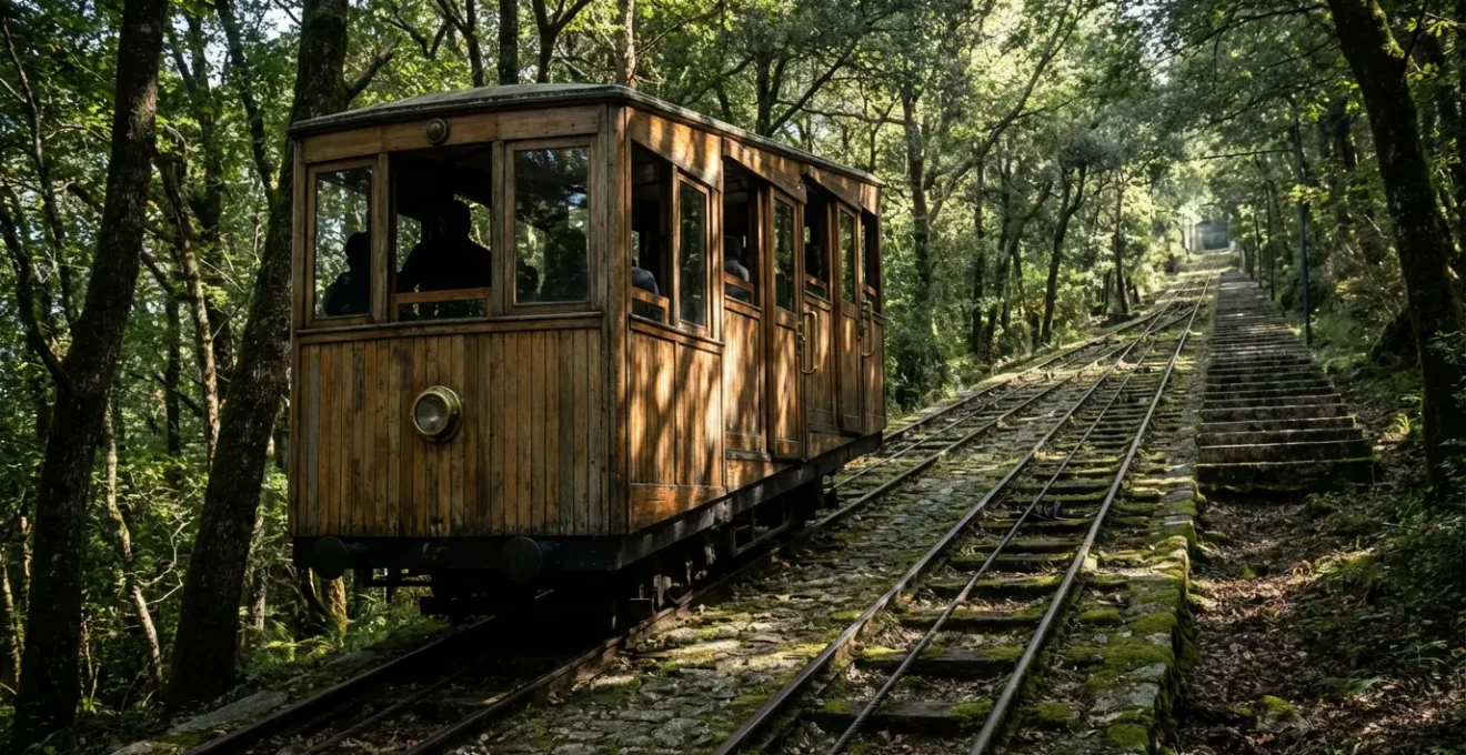 Vue latérale du funiculaire centenaire montant à travers la forêt verdoyante de Braga