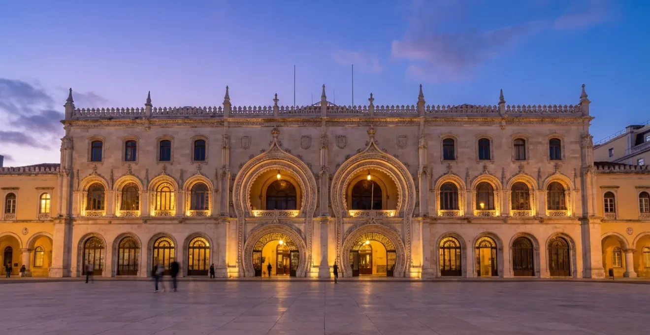 Façade ornementée de la gare du Rossio à Lisbonne montrant l'architecture néo-manuéline