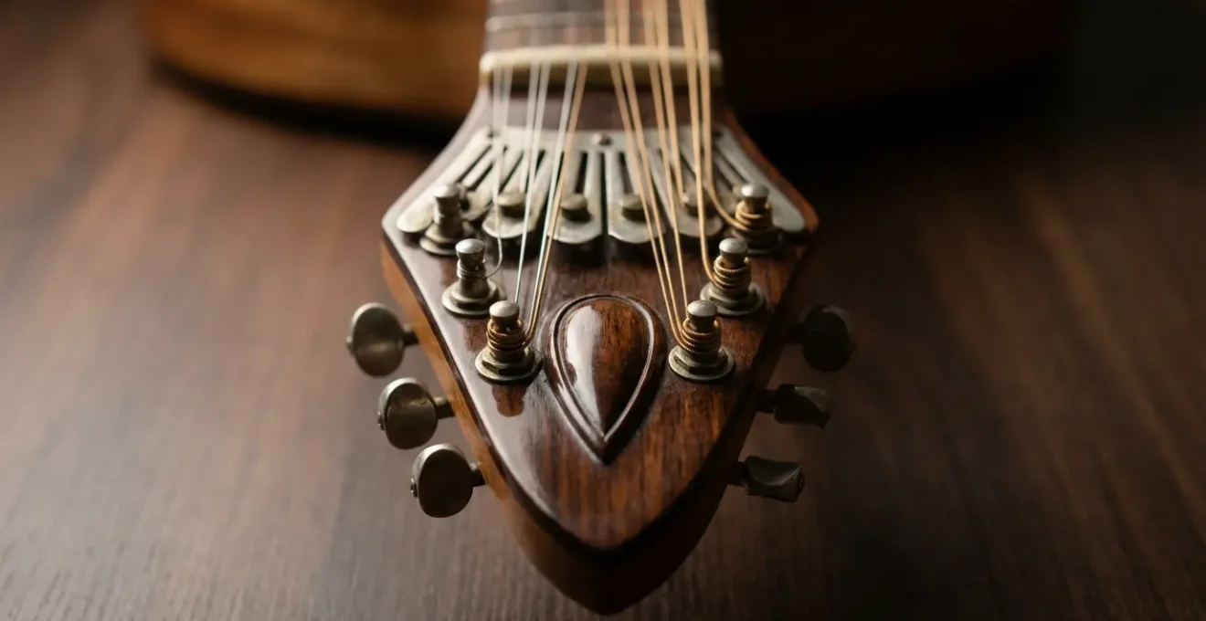 Gros plan sur le cheviller en forme de goutte d'eau d'une guitare portugaise de Coimbra avec ses 12 cordes métalliques